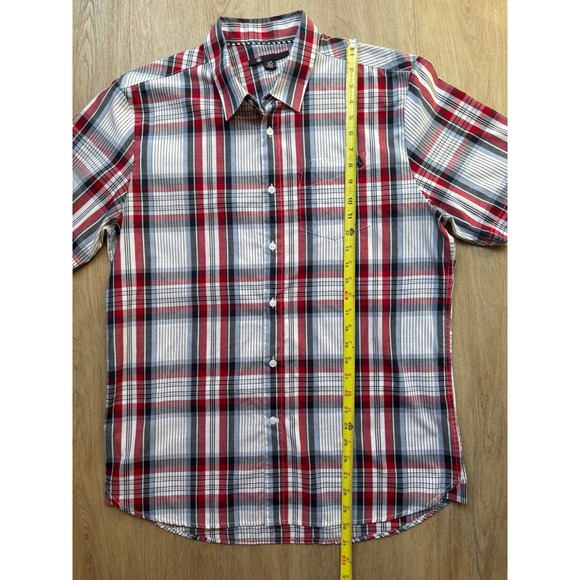 Volcom Mens Large Red White Blue Plaid Short Sleeve Button Down Shirt Pocket - Picture 4 of 7